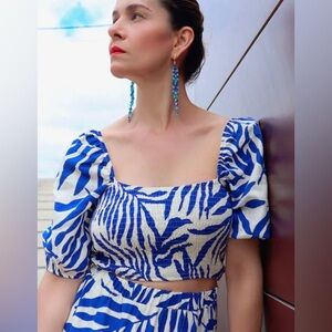 PRIMARK | Linen Cotton Blend Blue & White Smocked Blouse Puffed Short Sleeves